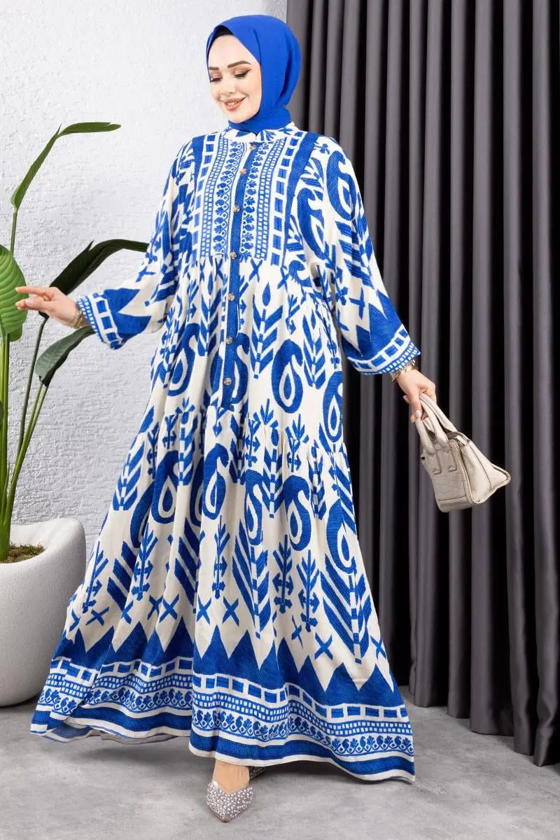 Etnik Desen Viskon Elbise Bej-detail