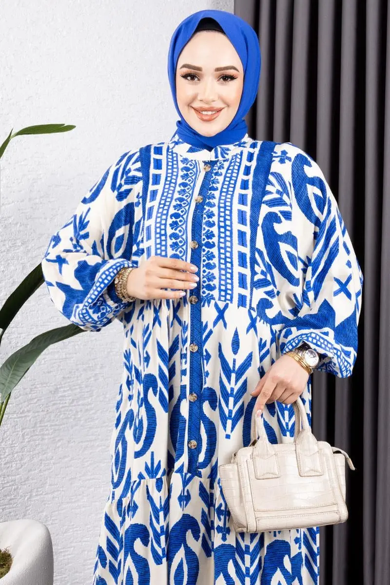 Etnik Desen Viskon Elbise Bej-detail