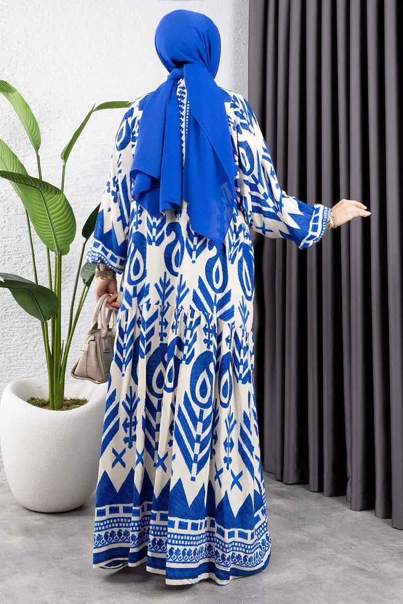 Etnik Desen Viskon Elbise Bej-detail