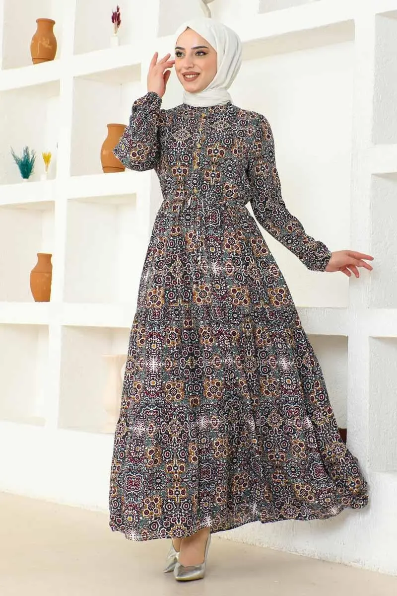 Etnik Desen Viskon Elbise Haki-detail
