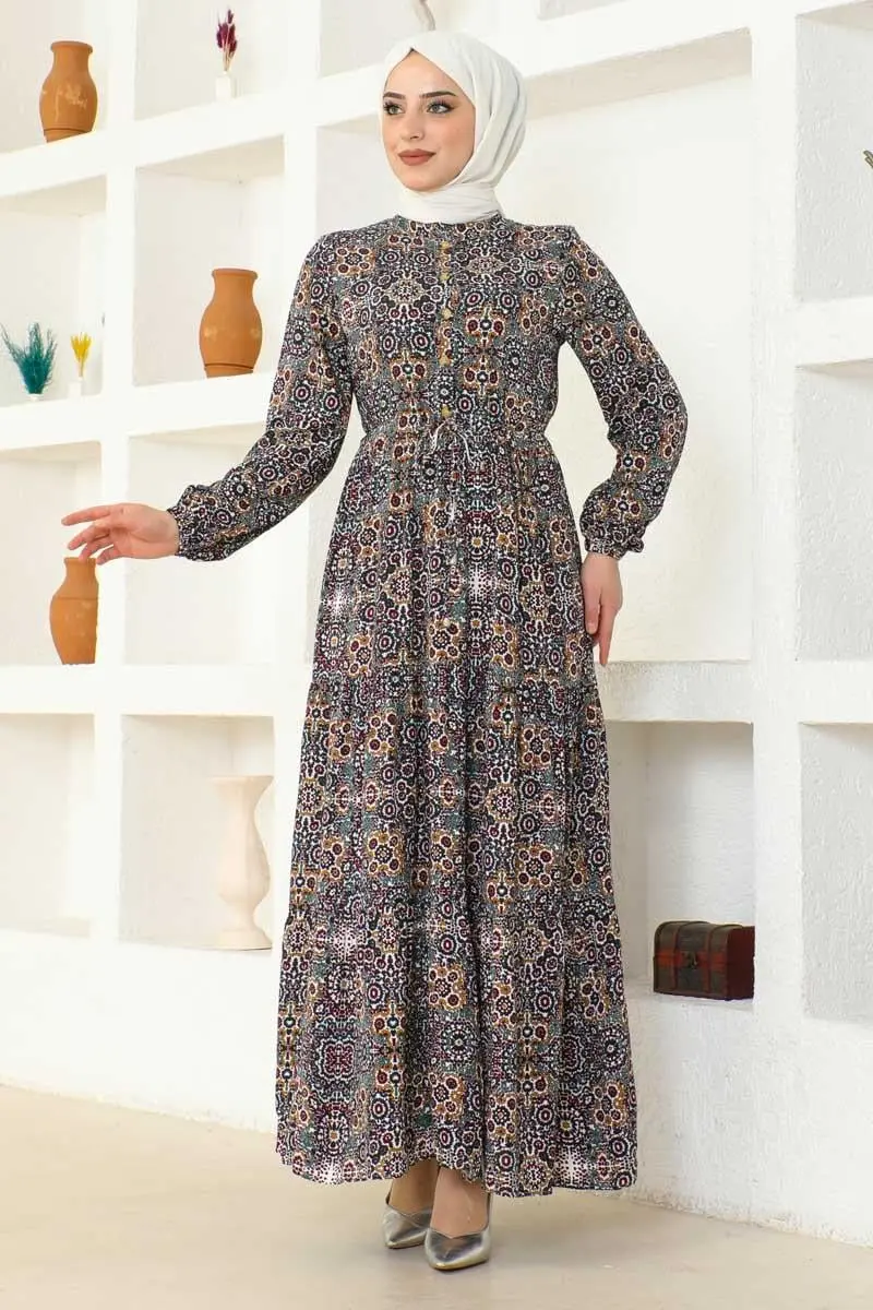 Etnik Desen Viskon Elbise Haki-detail
