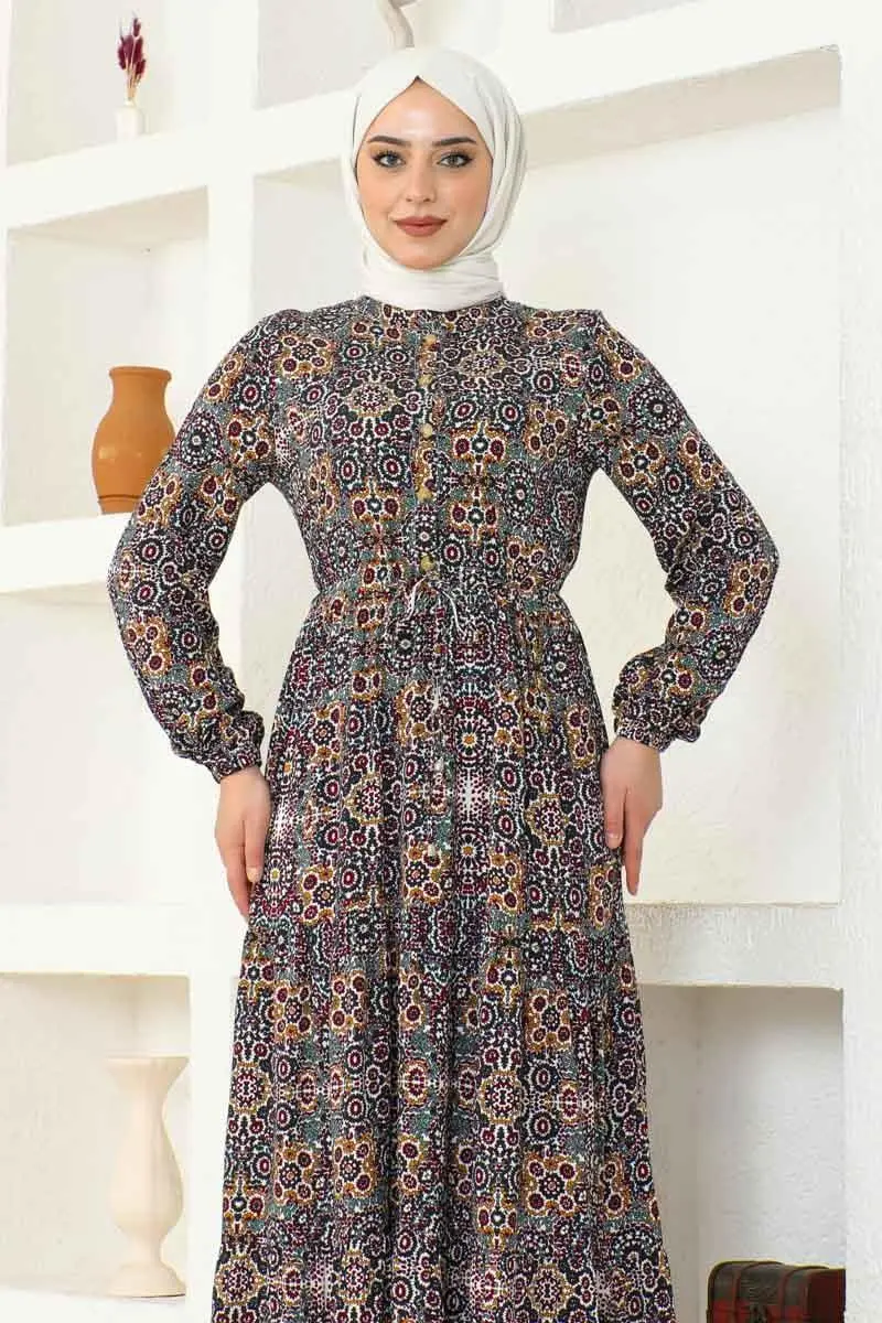 Etnik Desen Viskon Elbise Haki-detail