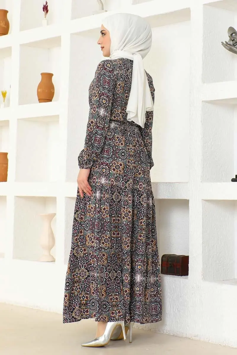 Etnik Desen Viskon Elbise Haki-detail