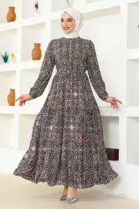 Etnik Desen Viskon Elbise Haki
