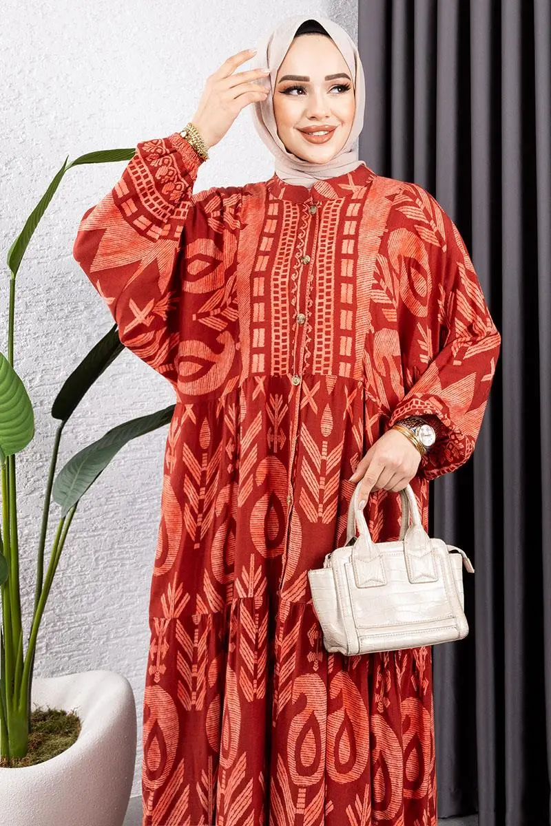 Etnik Desen Viskon Elbise Kiremit-detail