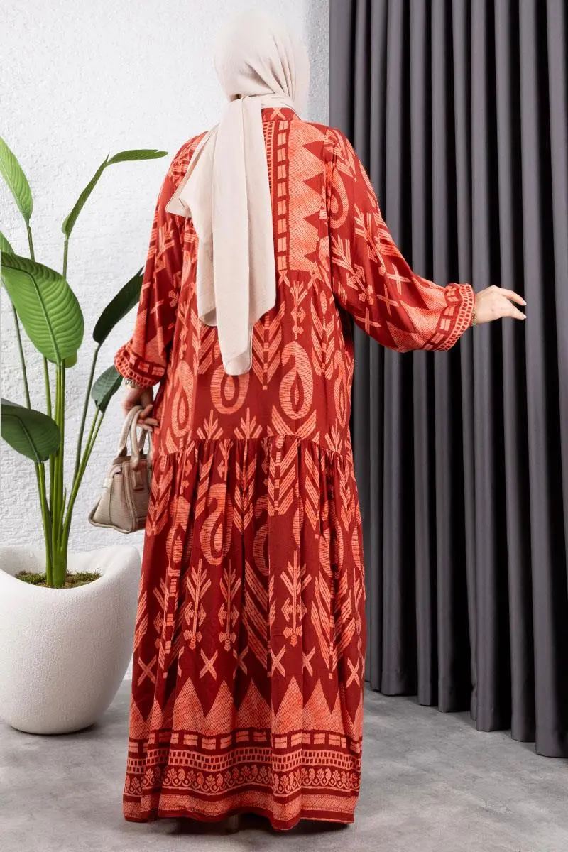 Etnik Desen Viskon Elbise Kiremit-detail