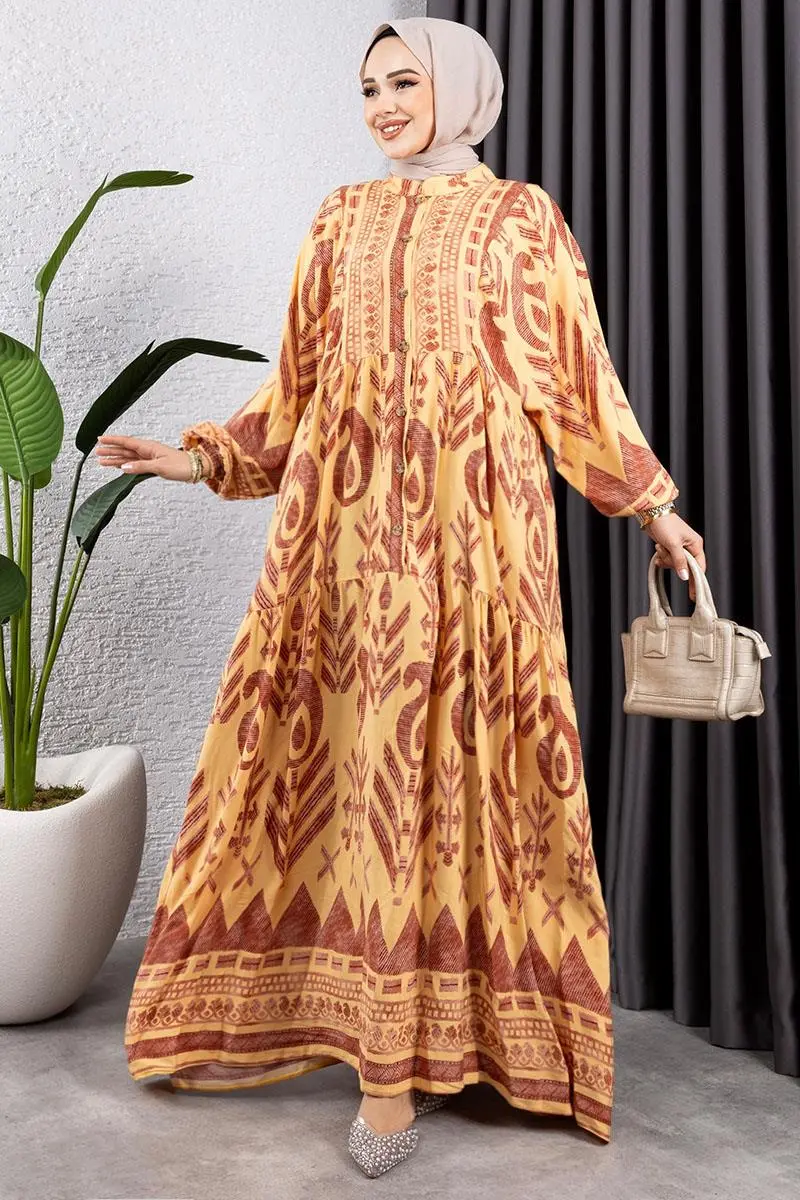 Etnik Desen Viskon Elbise Sarı-detail