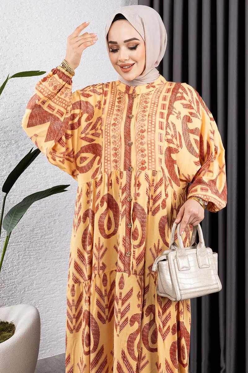 Etnik Desen Viskon Elbise Sarı-detail