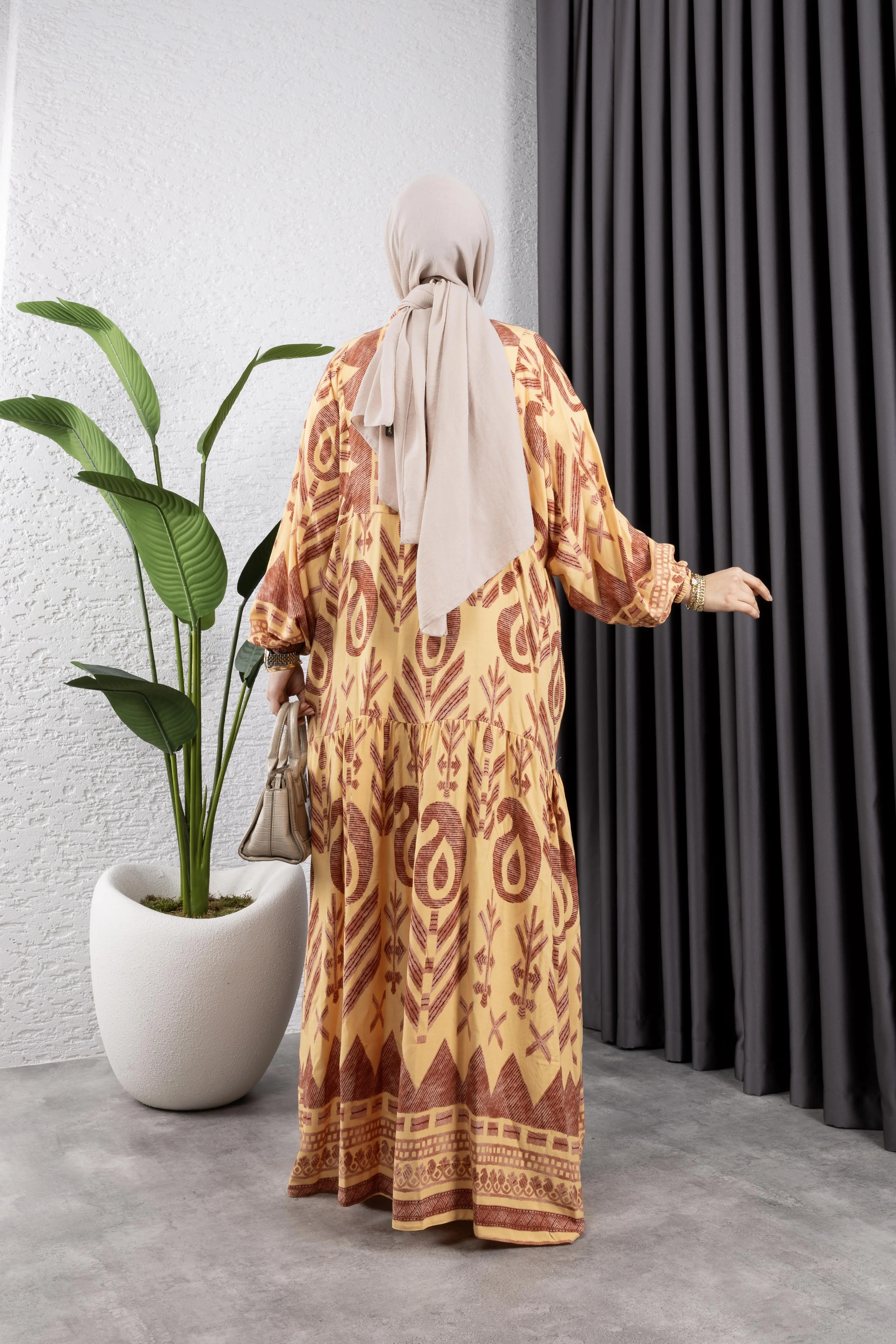 Etnik Desen Viskon Elbise Sarı-detail