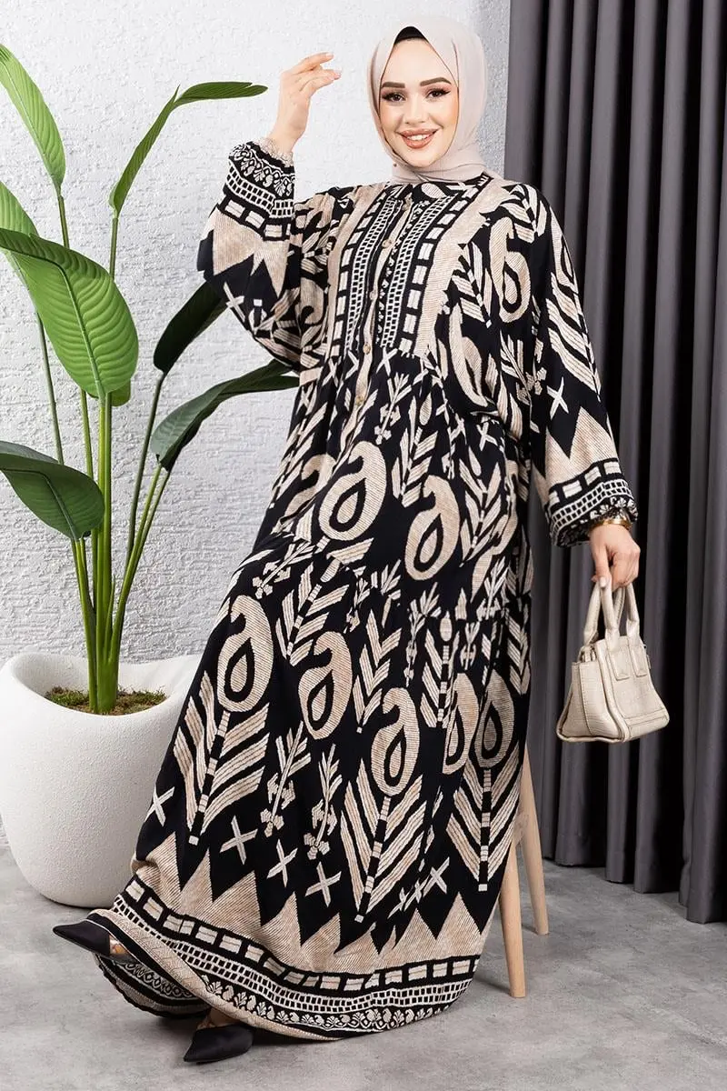 Etnik Desen Viskon Elbise Siyah-detail