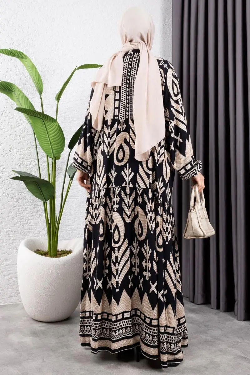 Etnik Desen Viskon Elbise Siyah-detail