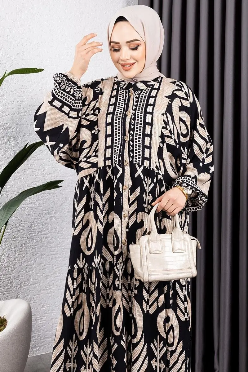 Etnik Desen Viskon Elbise Siyah-detail