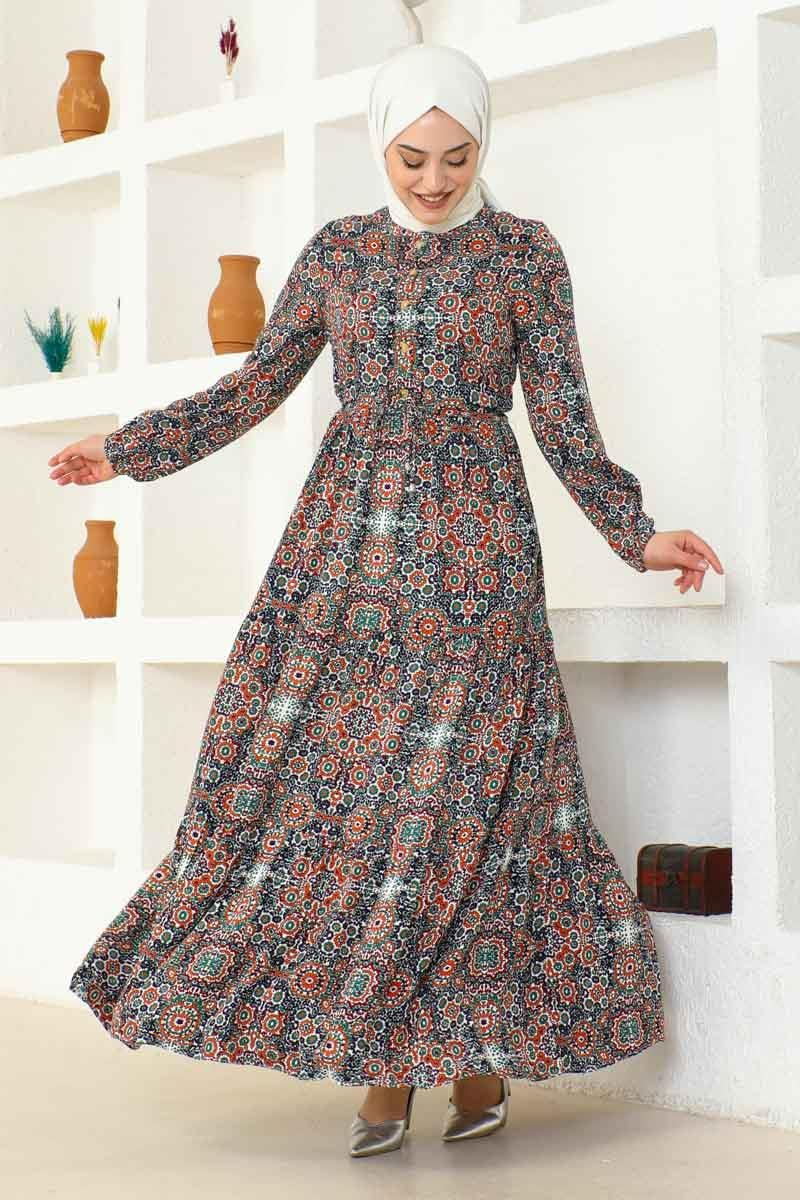 Etnik Desen Viskon Elbise Zümrüt Yeşili