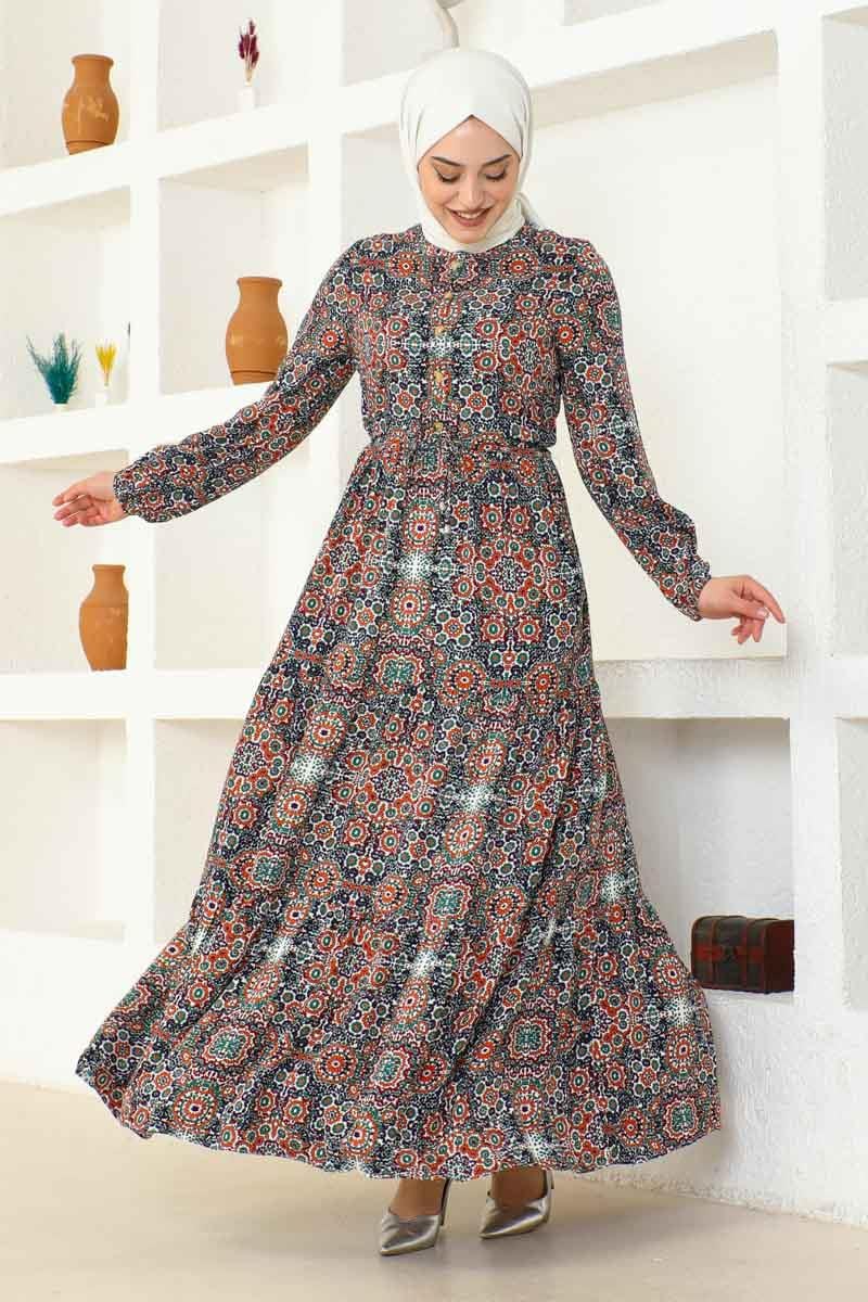 Etnik Desen Viskon Elbise Zümrüt Yeşili