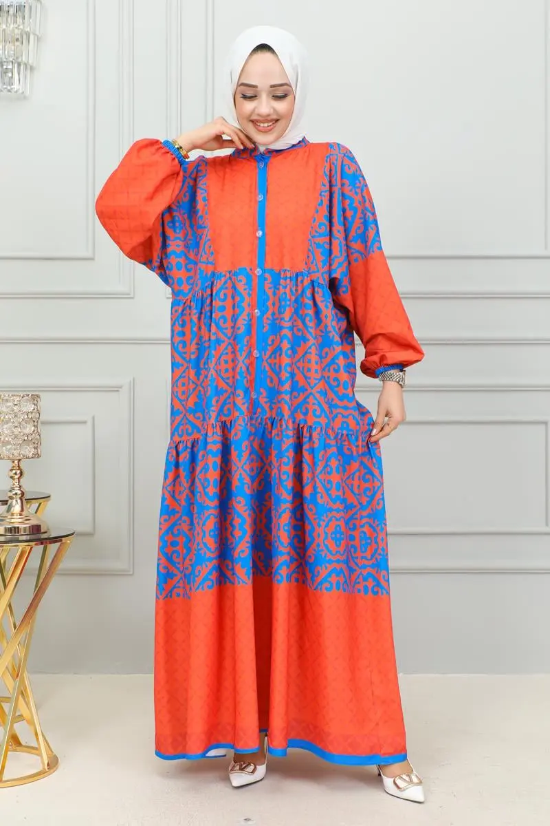 Etnik Desenli Tesettür Elbise Lacivert-detail