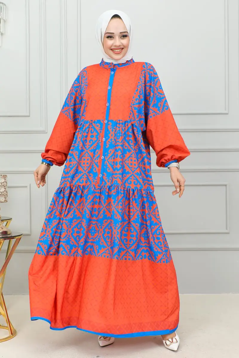 Etnik Desenli Tesettür Elbise Lacivert-detail