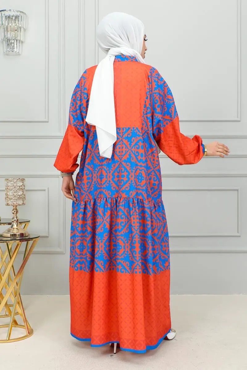 Etnik Desenli Tesettür Elbise Lacivert-detail