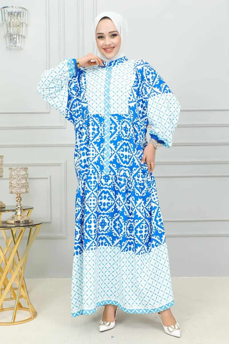 Etnik Desenli Tesettür Elbise Mavi-detail