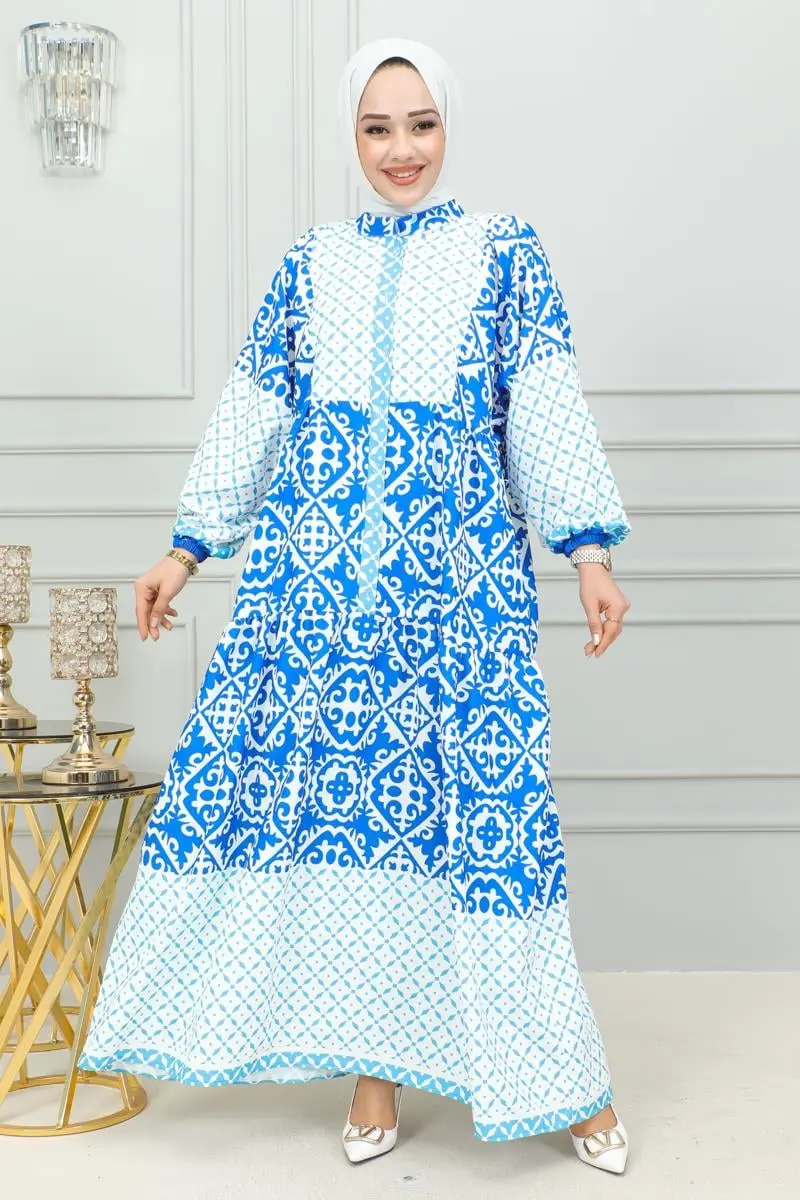 Etnik Desenli Tesettür Elbise Mavi-detail