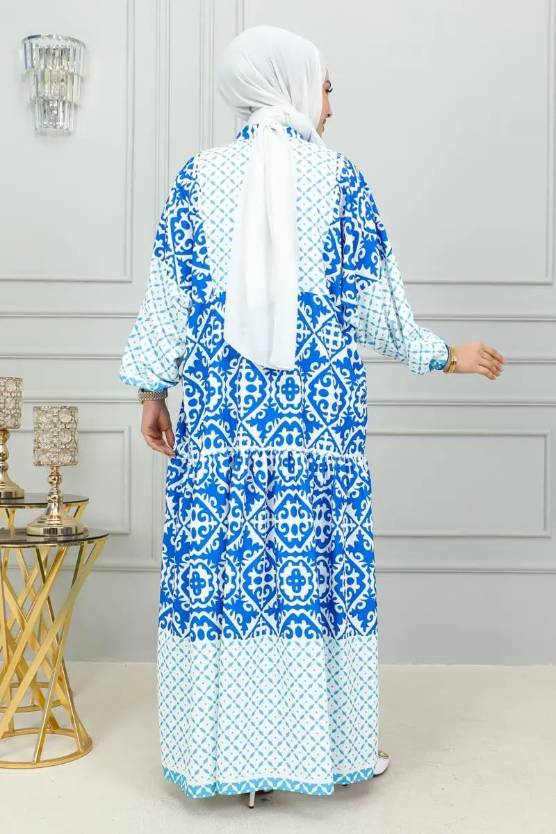 Etnik Desenli Tesettür Elbise Mavi-detail