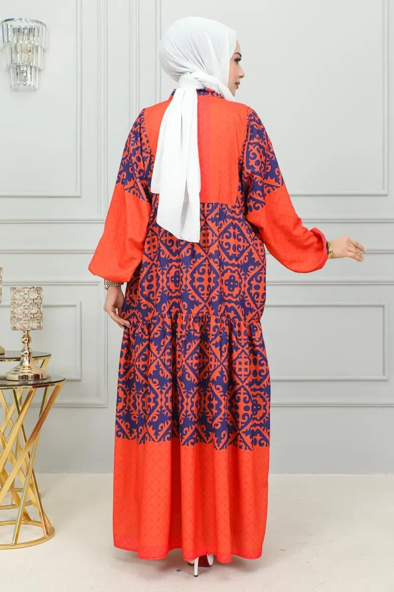 Etnik Desenli Tesettür Elbise Turuncu-detail
