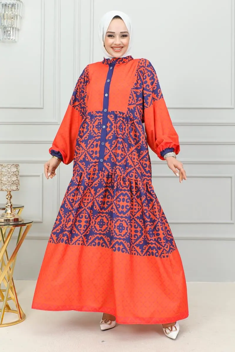 Etnik Desenli Tesettür Elbise Turuncu-detail