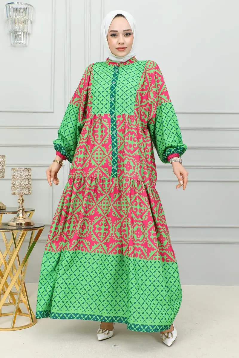 Etnik Desenli Tesettür Elbise Yeşil-detail