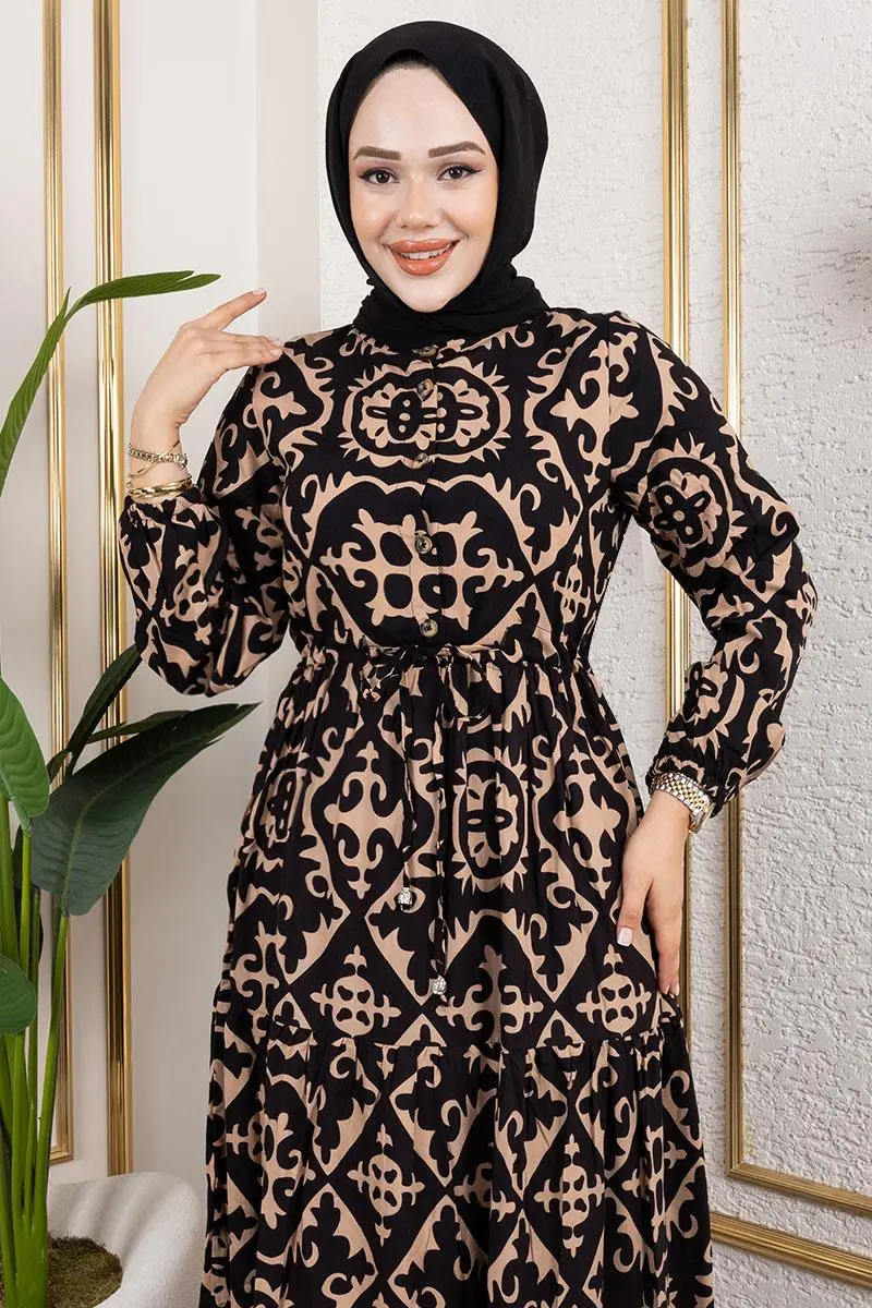 Etnik Desenli Viskon Elbise-detail