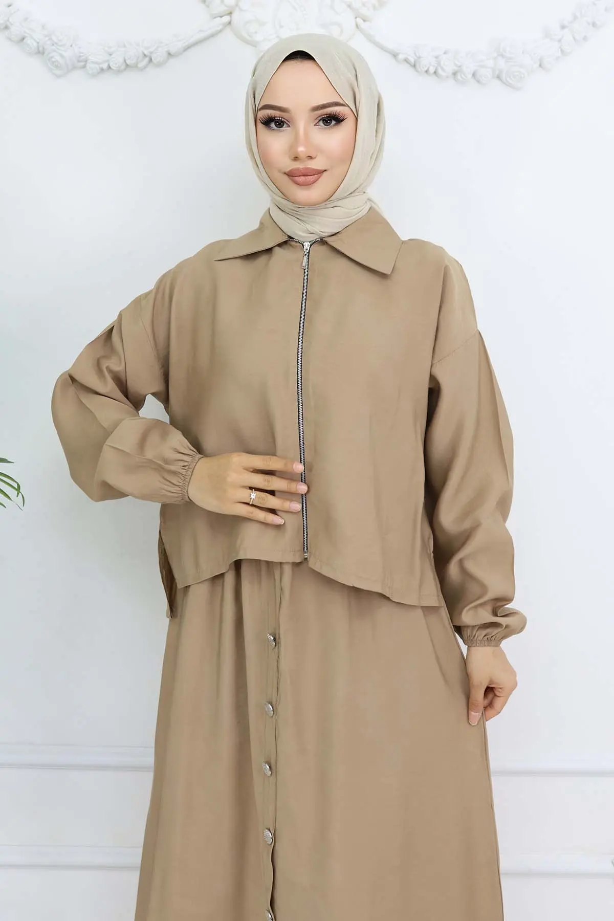 Fermuar Ceketli Elbise Takım Bej 4807-detail