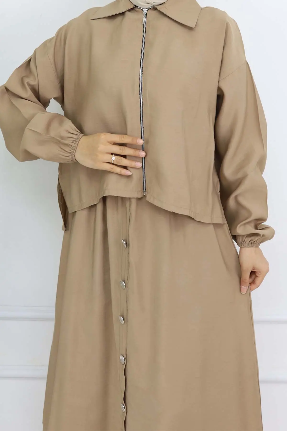 Fermuar Ceketli Elbise Takım Bej 4807-detail