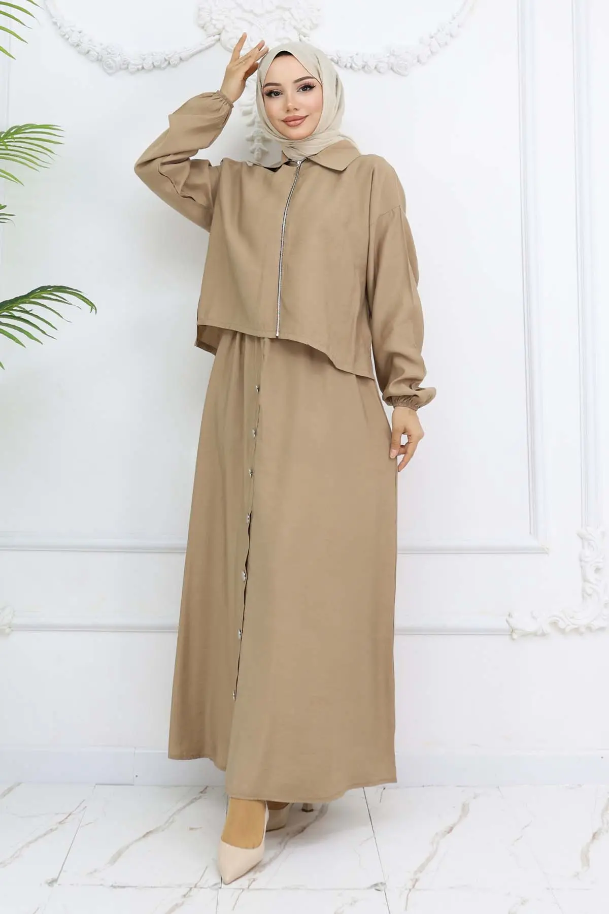 Fermuar Ceketli Elbise Takım Bej 4807-detail