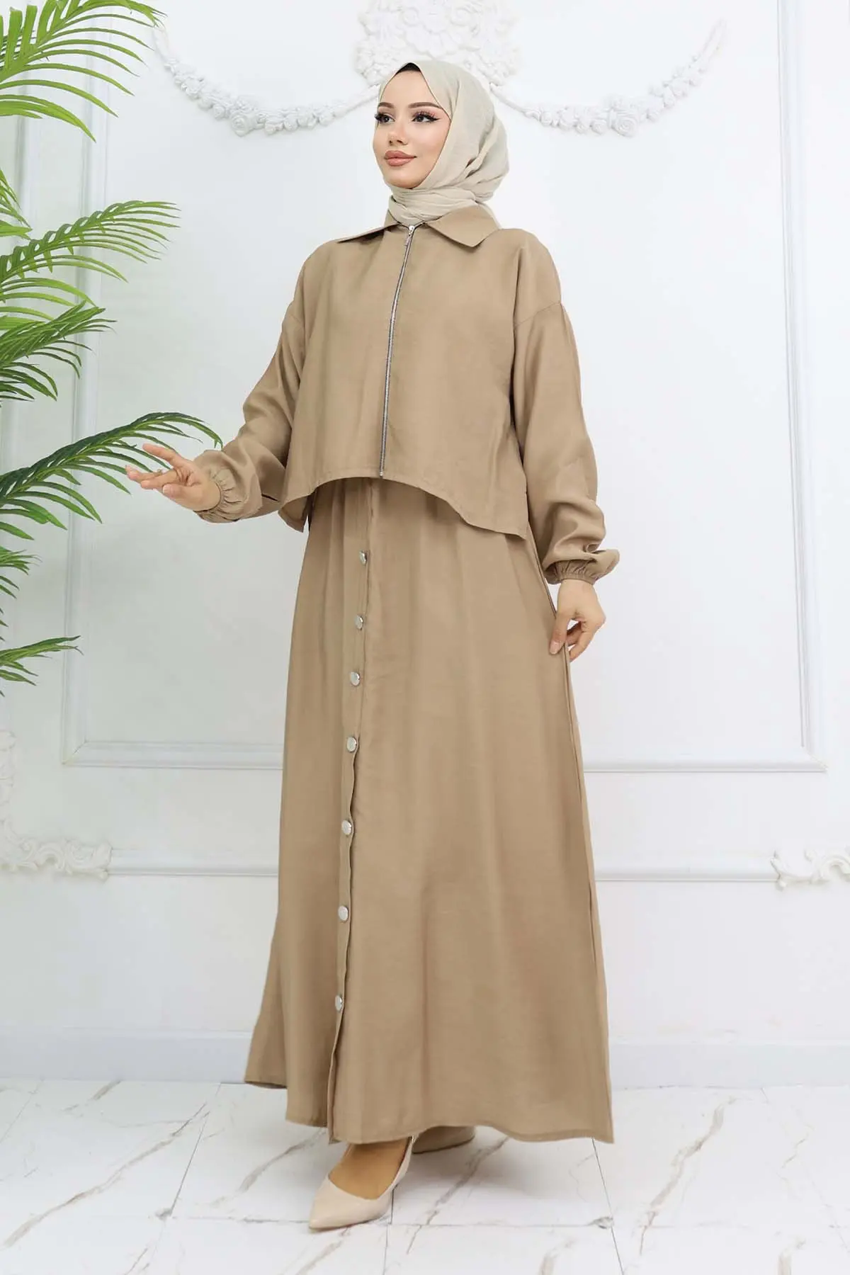 Fermuar Ceketli Elbise Takım Bej 4807-detail