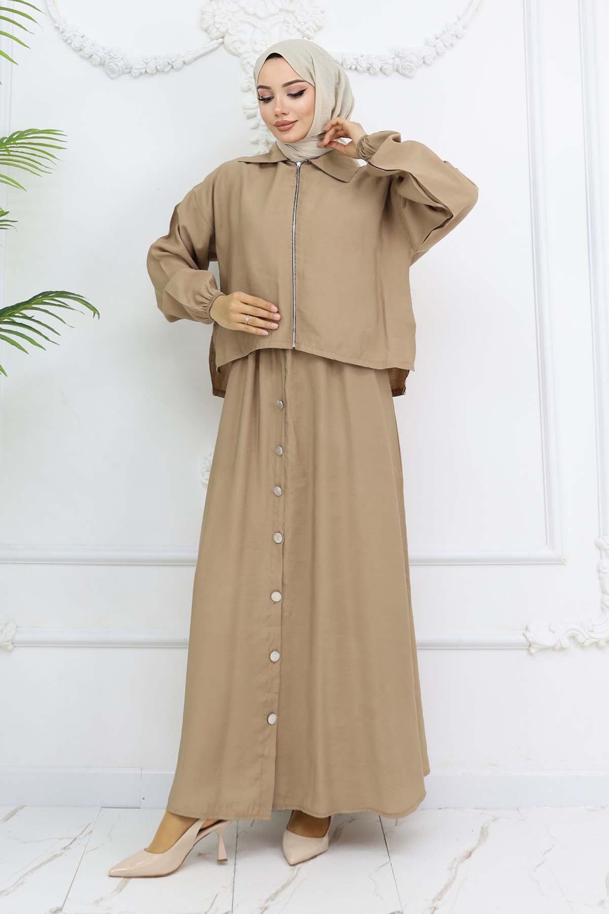 Fermuar Ceketli Elbise Takım Bej 4807