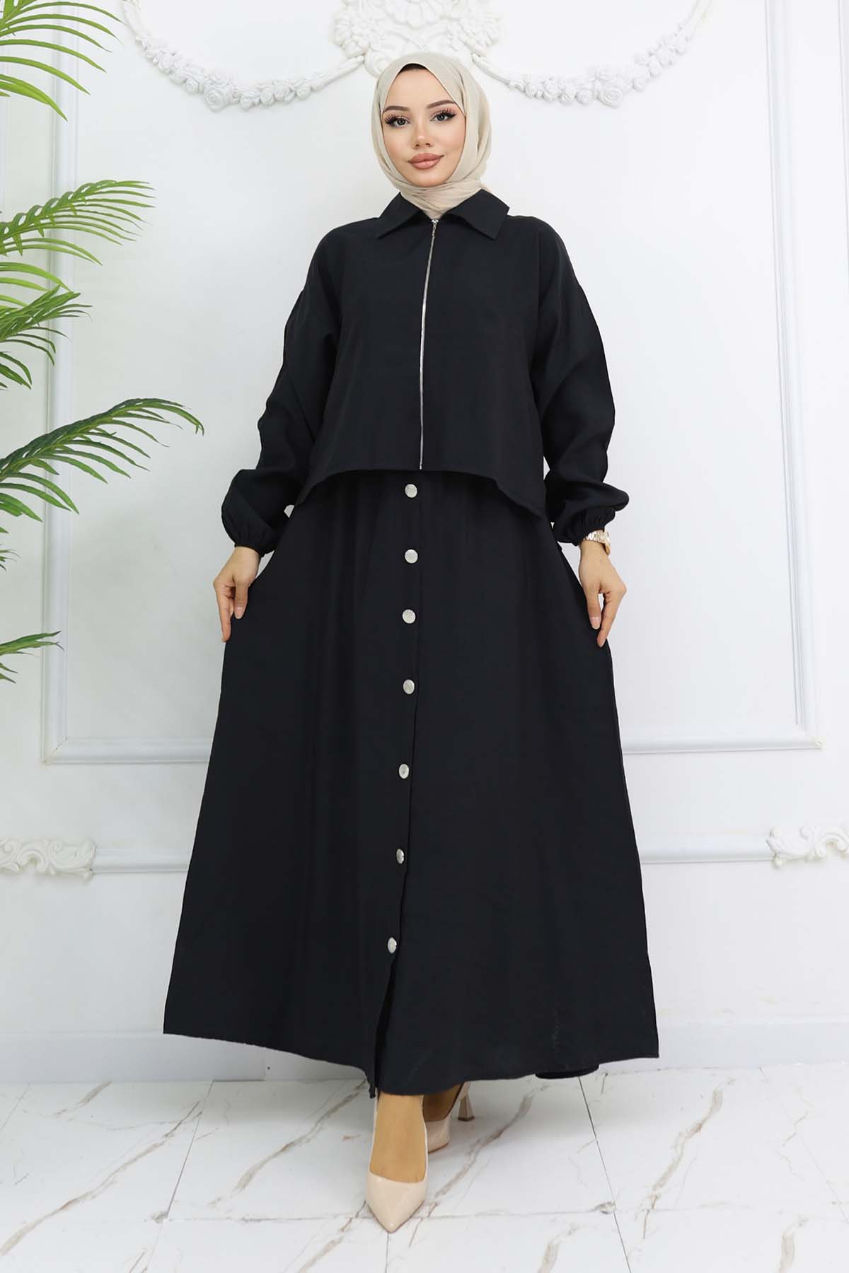 Fermuar Ceketli Elbise Takım Siyah 4807