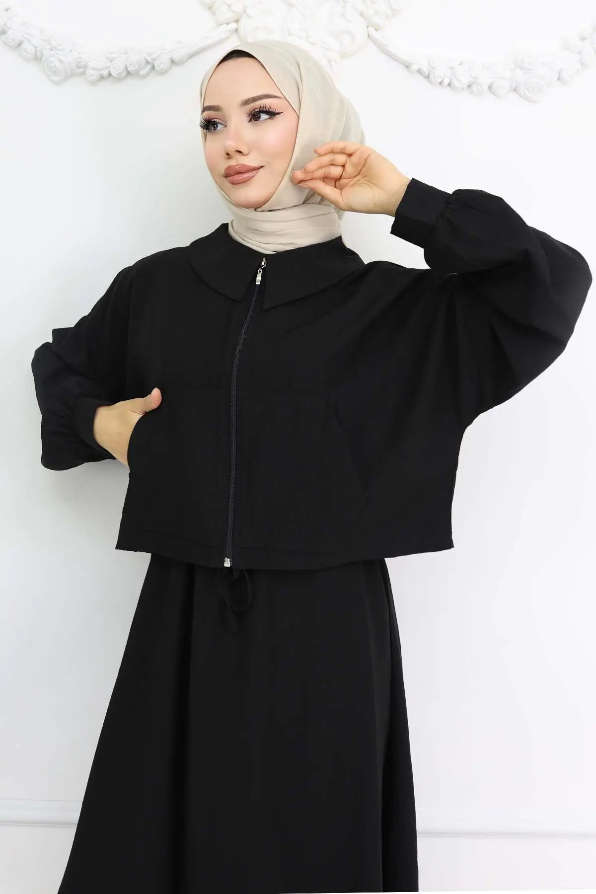 Fermuarlı Ceket Jile Tesettür Takım Siyah 2240-detail