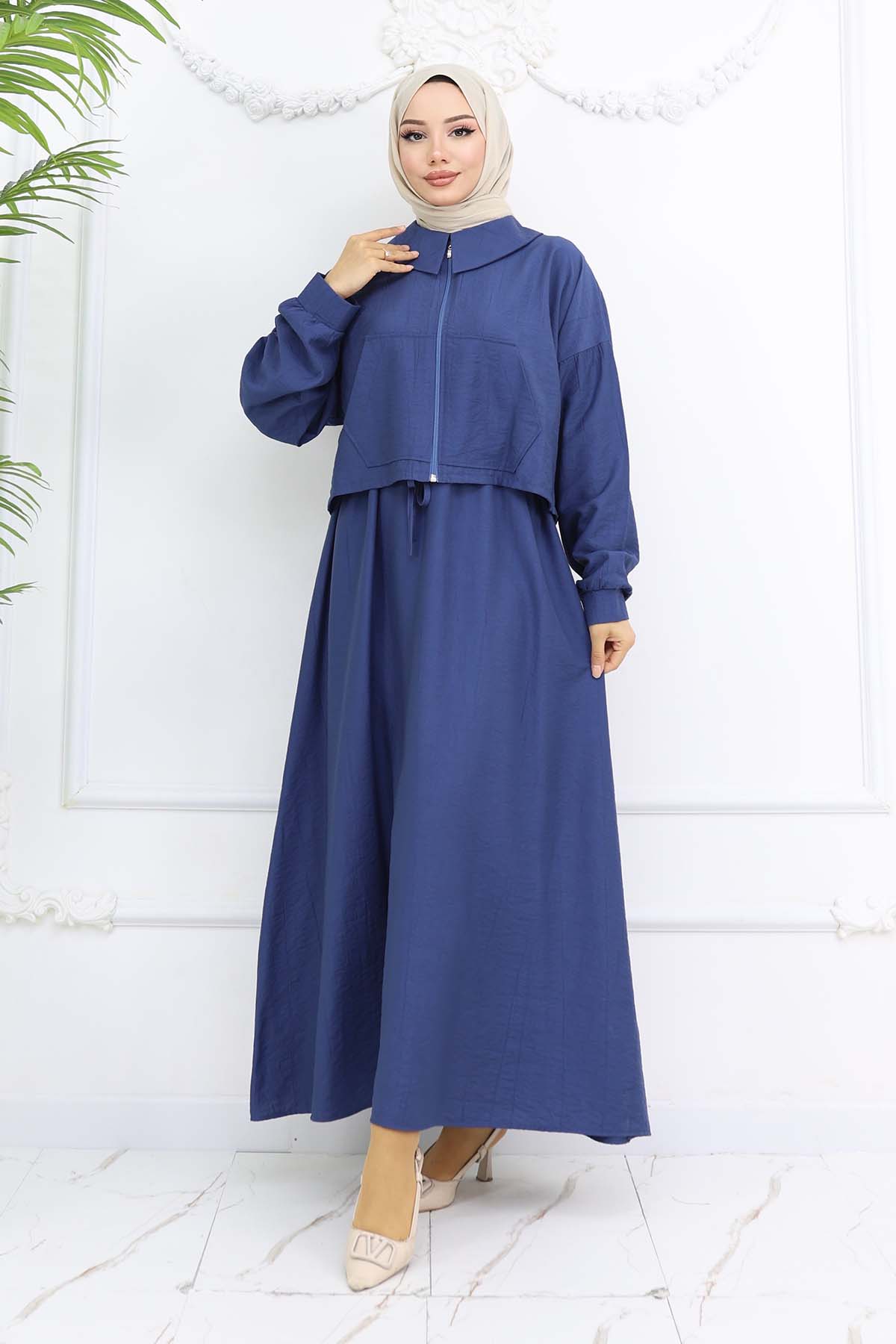 Fermuarlı Ceket Jile Tesettür Takım İndigo 2240