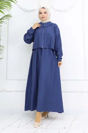 Fermuarlı Ceket Jile Tesettür Takım İndigo 2240