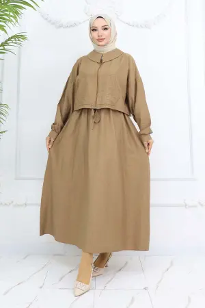 Fermuarlı Ceket Jile Tesettür Takım Vizon 2240