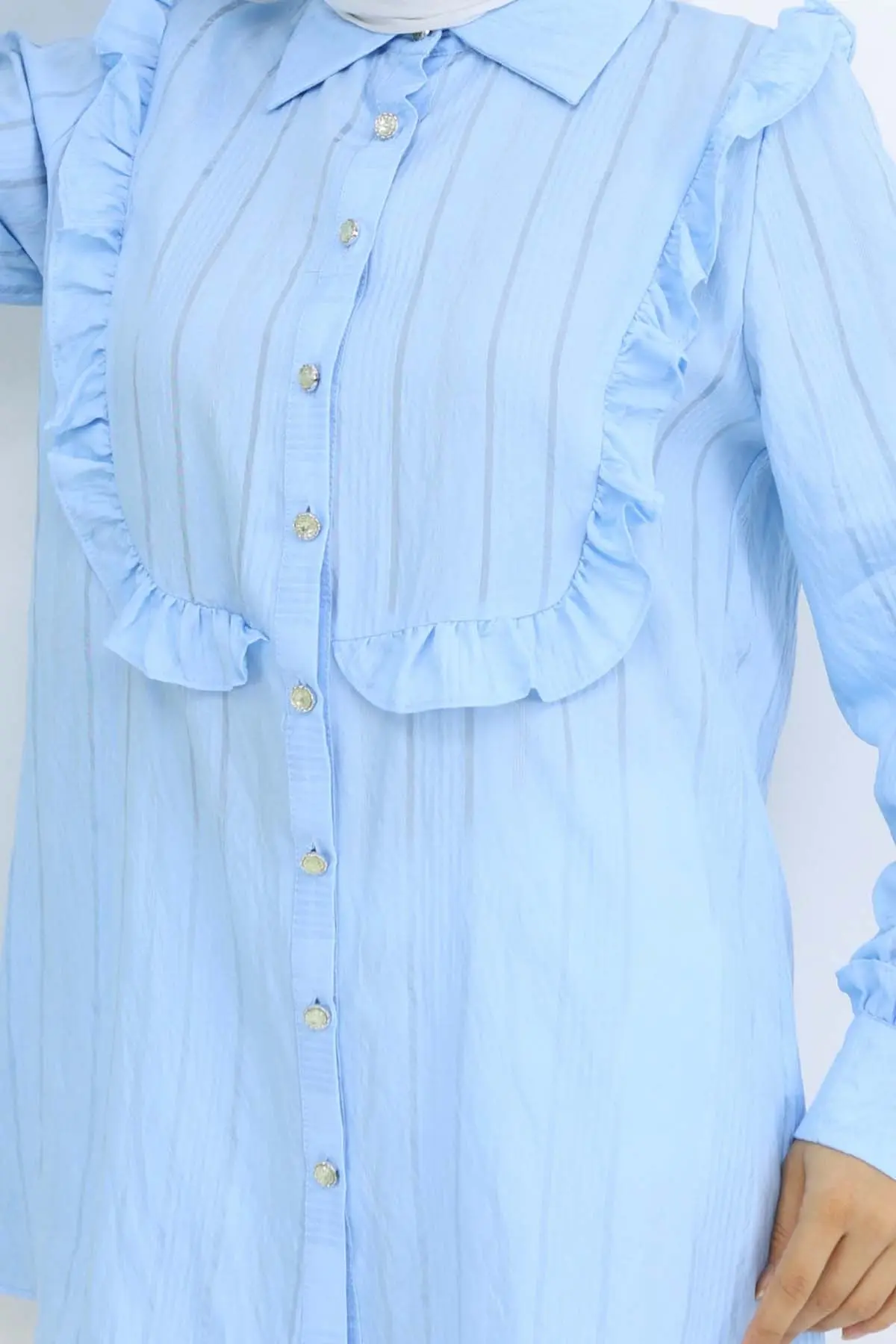 Fırfır Detaylı Kendinden Desenli Gömlek Bebe Mavisi 2235-detail