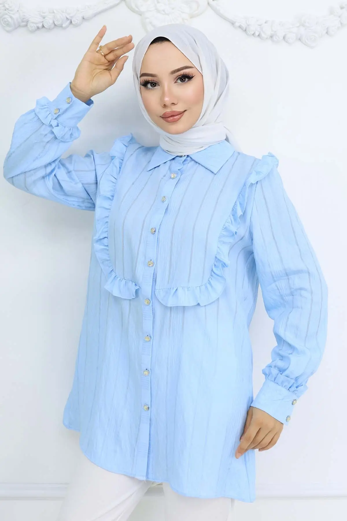 Fırfır Detaylı Kendinden Desenli Gömlek Bebe Mavisi 2235-detail