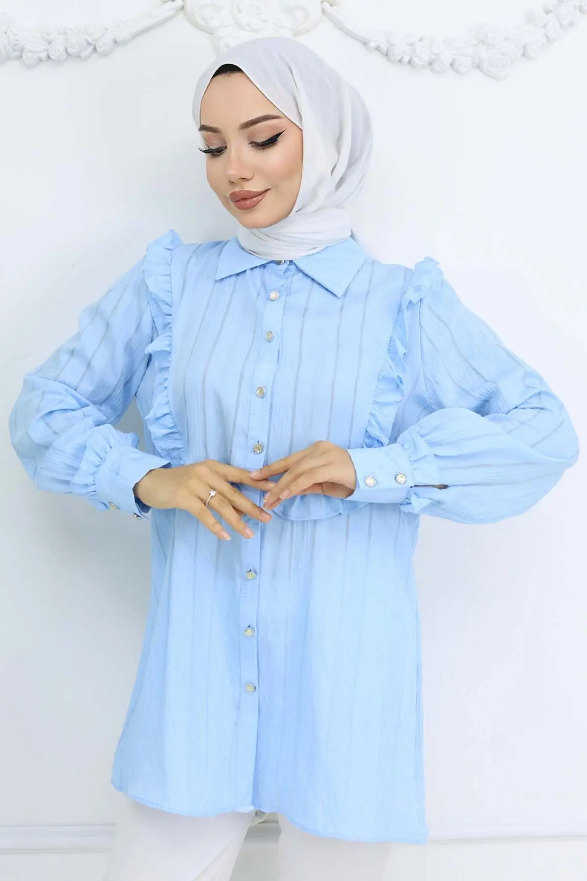 Fırfır Detaylı Kendinden Desenli Gömlek Bebe Mavisi 2235-detail