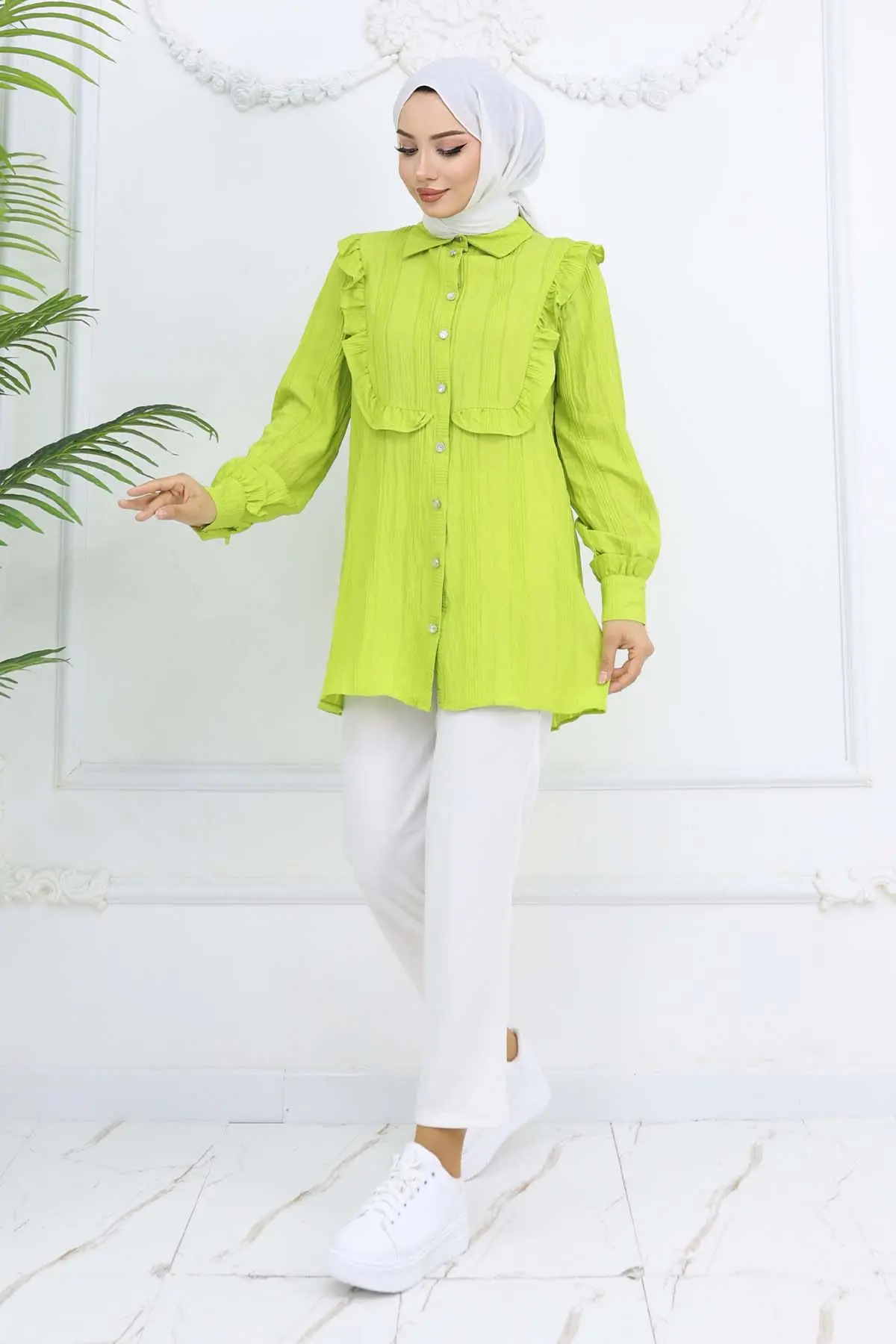 Fırfır Detaylı Kendinden Desenli Gömlek Fıstık Yeşili 2235-detail