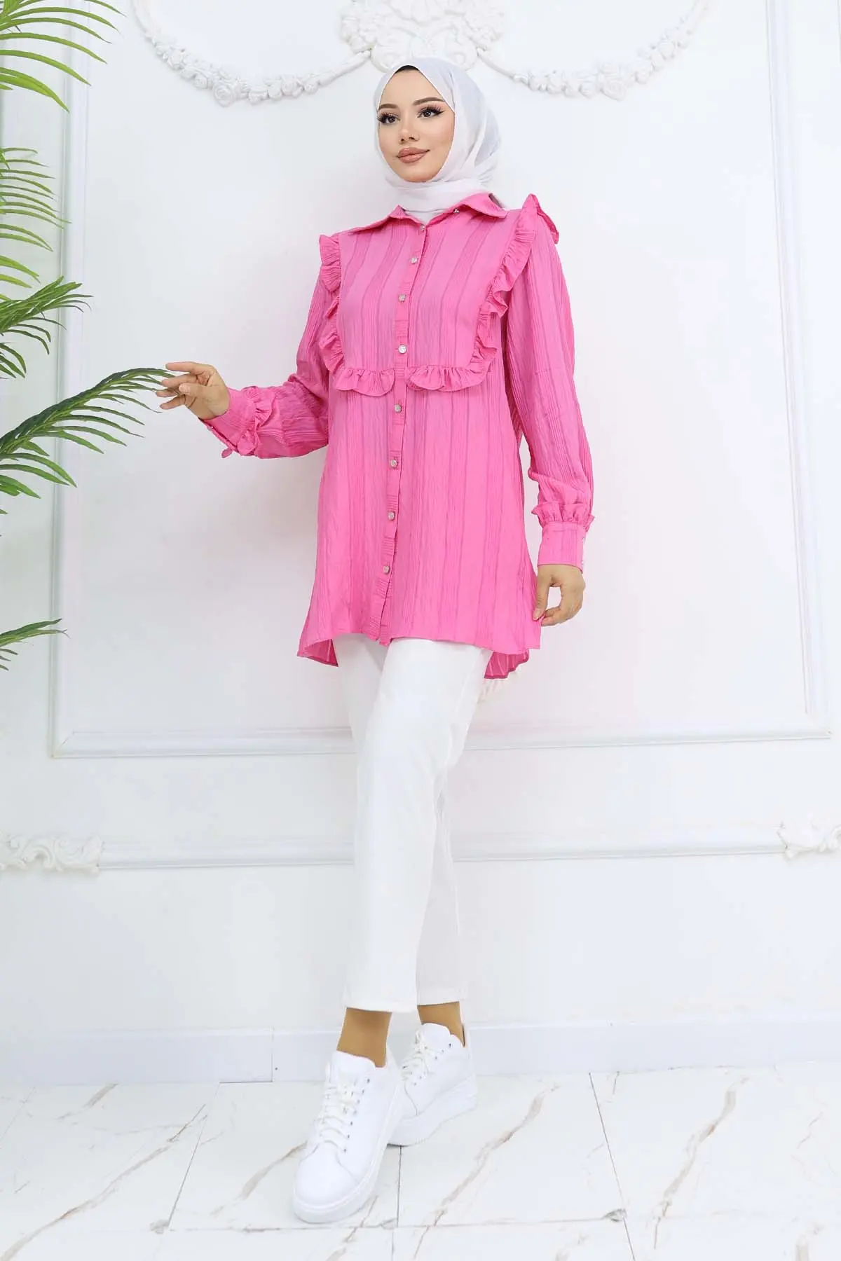 Fırfır Detaylı Kendinden Desenli Gömlek Fuşya 2235-detail