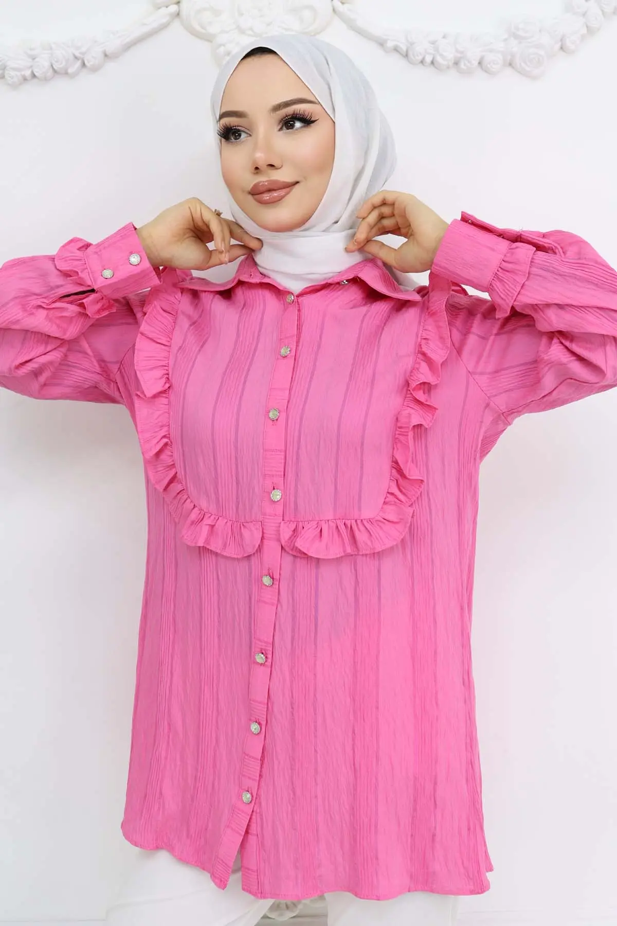 Fırfır Detaylı Kendinden Desenli Gömlek Fuşya 2235-detail