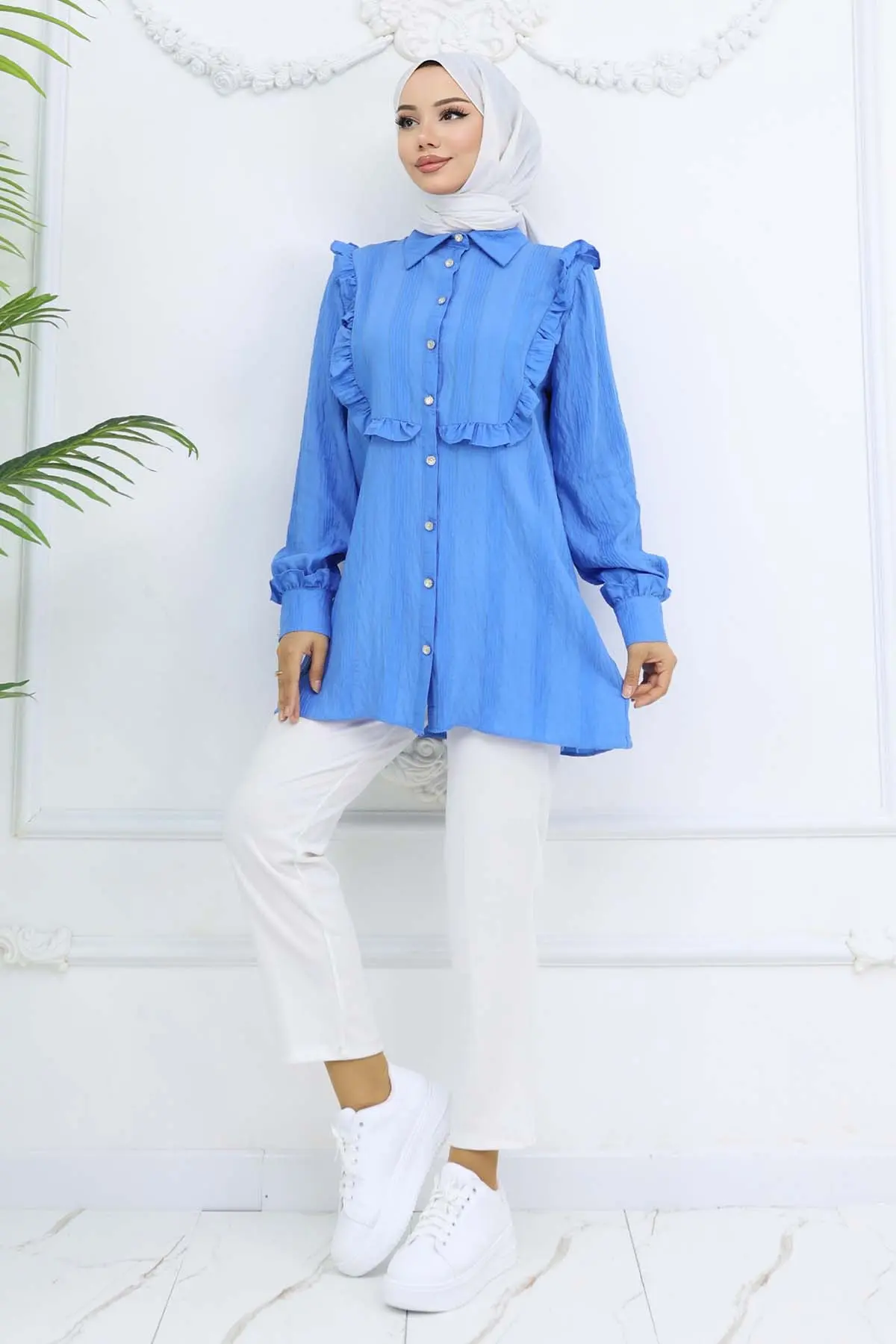 Fırfır Detaylı Kendinden Desenli Gömlek Saks Mavisi 2235-detail