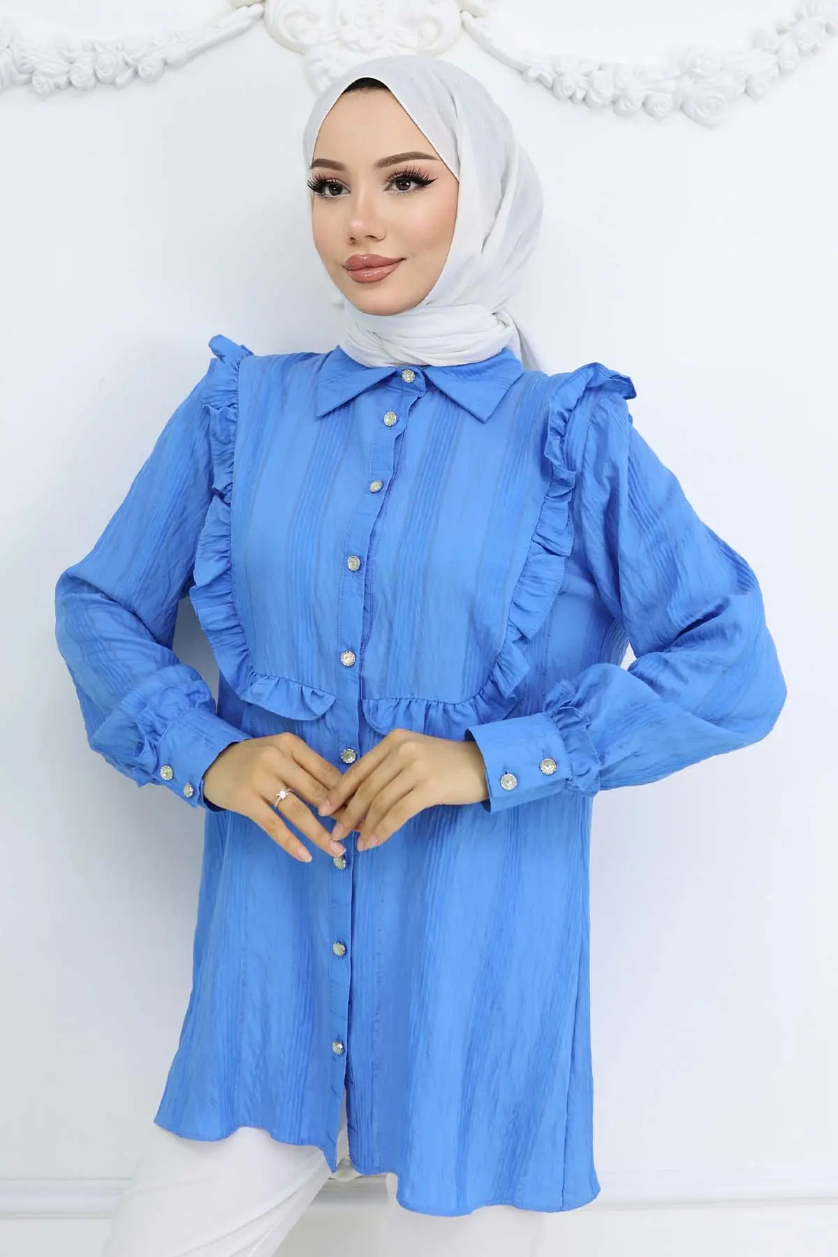 Fırfır Detaylı Kendinden Desenli Gömlek Saks Mavisi 2235-detail