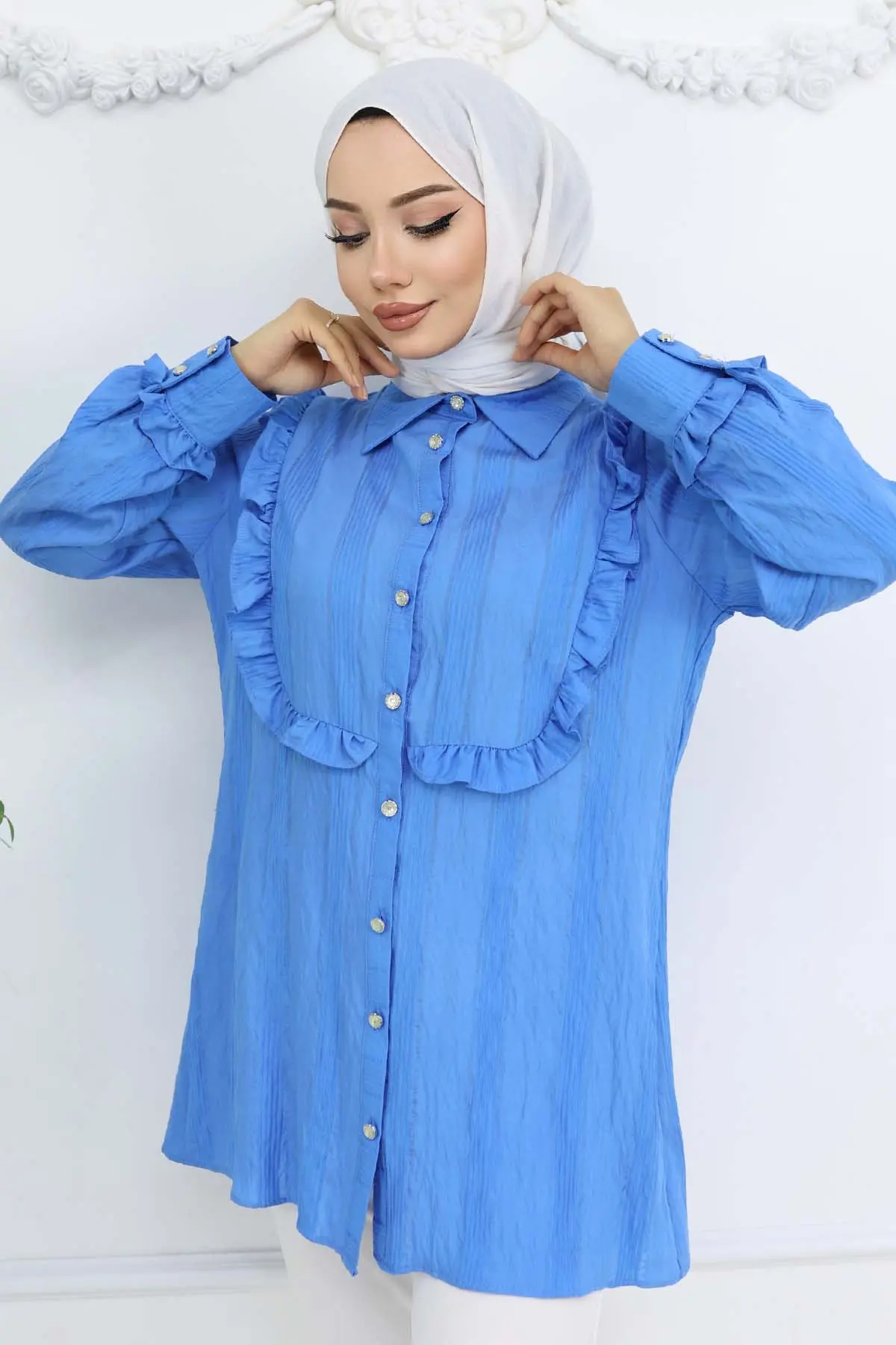 Fırfır Detaylı Kendinden Desenli Gömlek Saks Mavisi 2235-detail