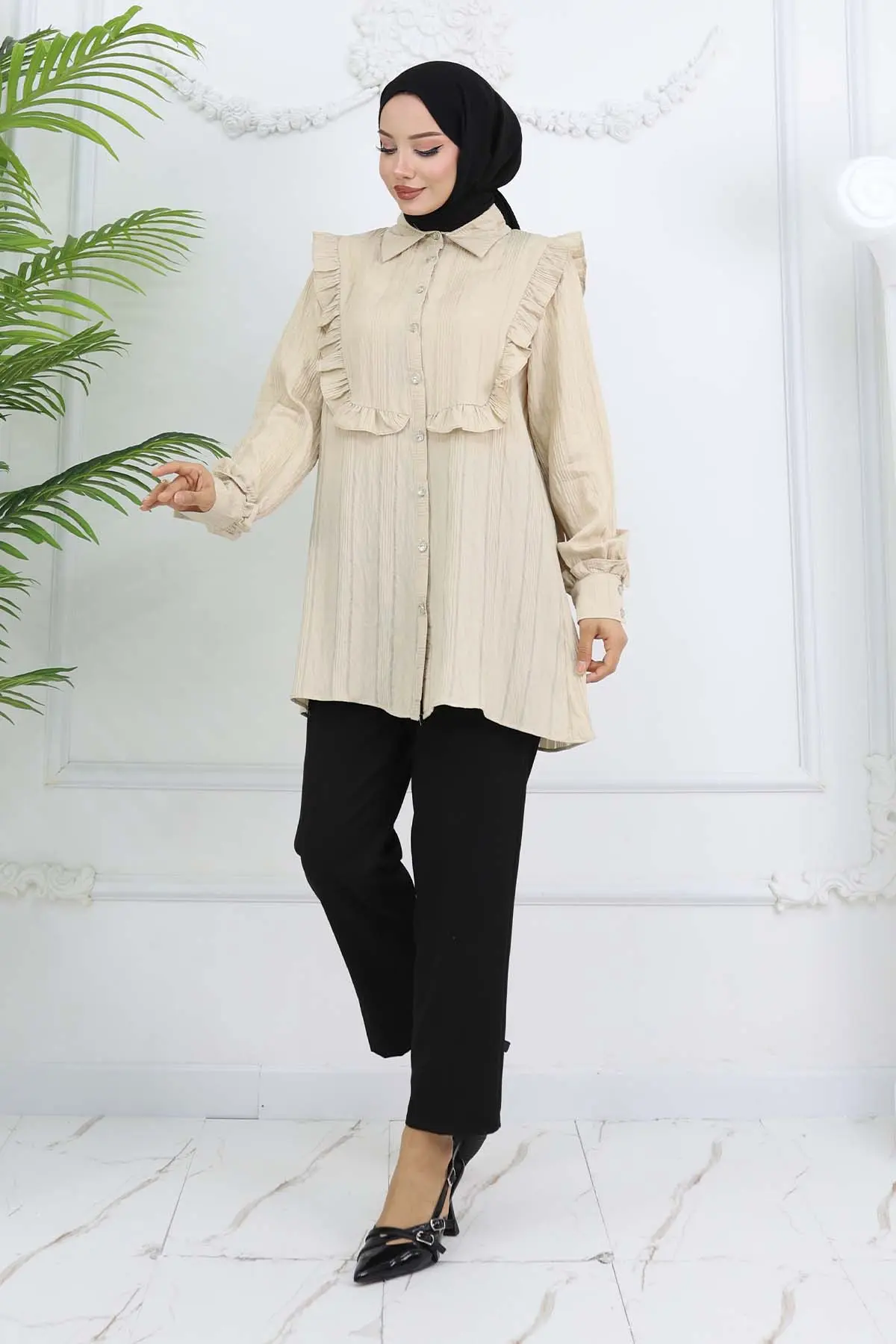 Fırfır Detaylı Kendinden Desenli Gömlek Taş Rengi 2235-detail