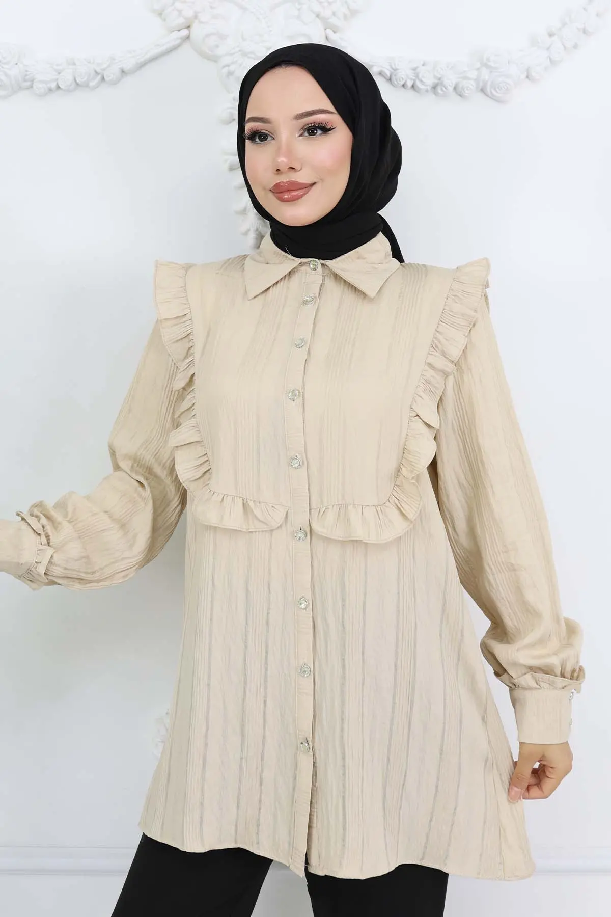 Fırfır Detaylı Kendinden Desenli Gömlek Taş Rengi 2235-detail