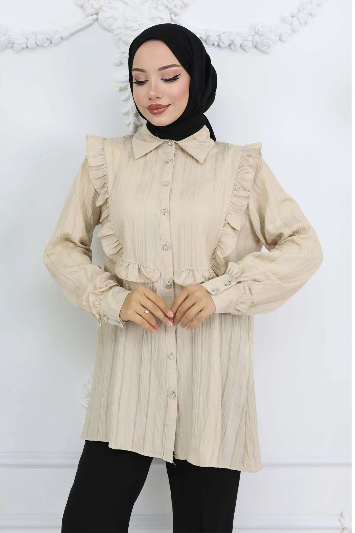 Fırfır Detaylı Kendinden Desenli Gömlek Taş Rengi 2235-detail